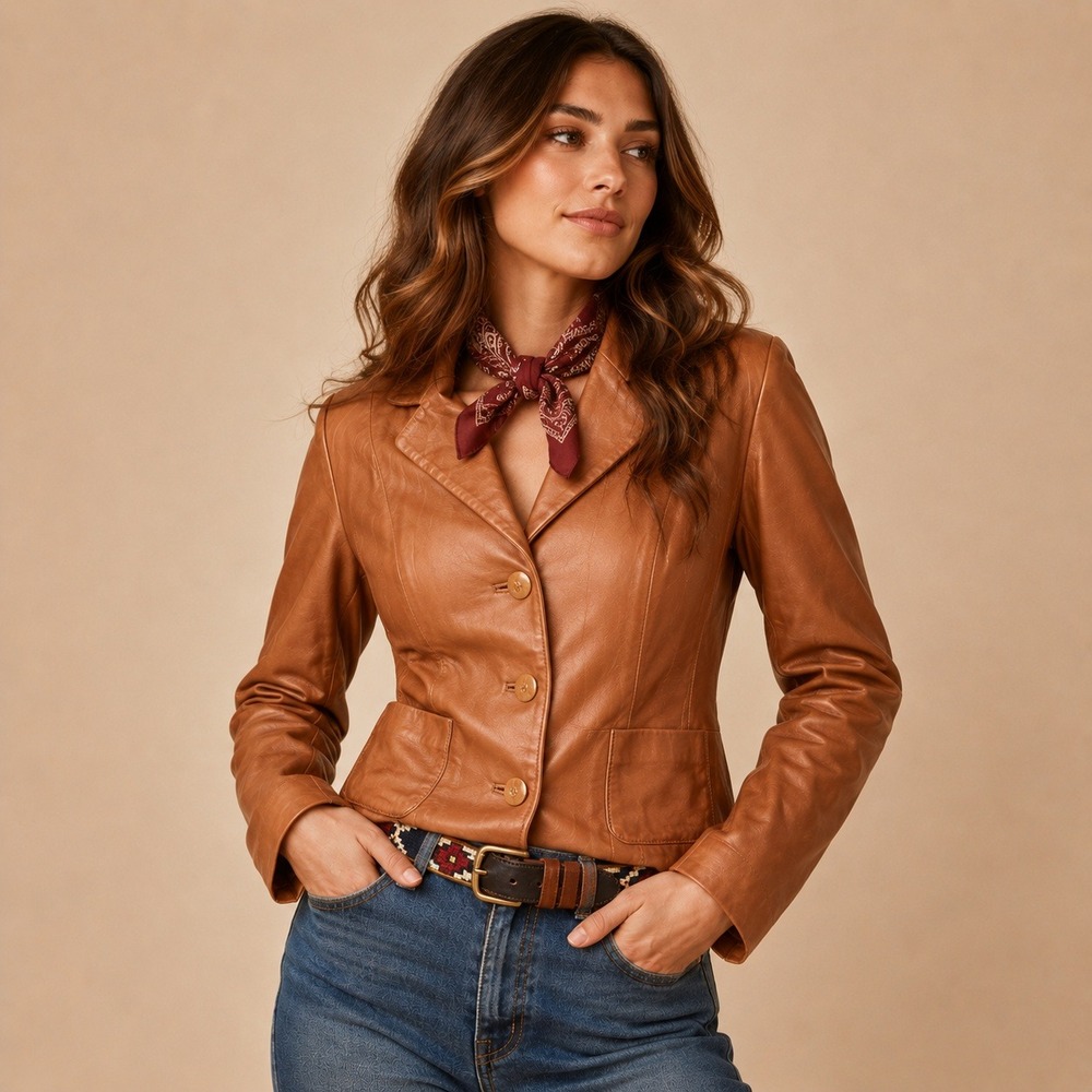 Womens Camel Tan Brown Soft Leather Blazer Jacket S 6 Preppy Classic Tailored